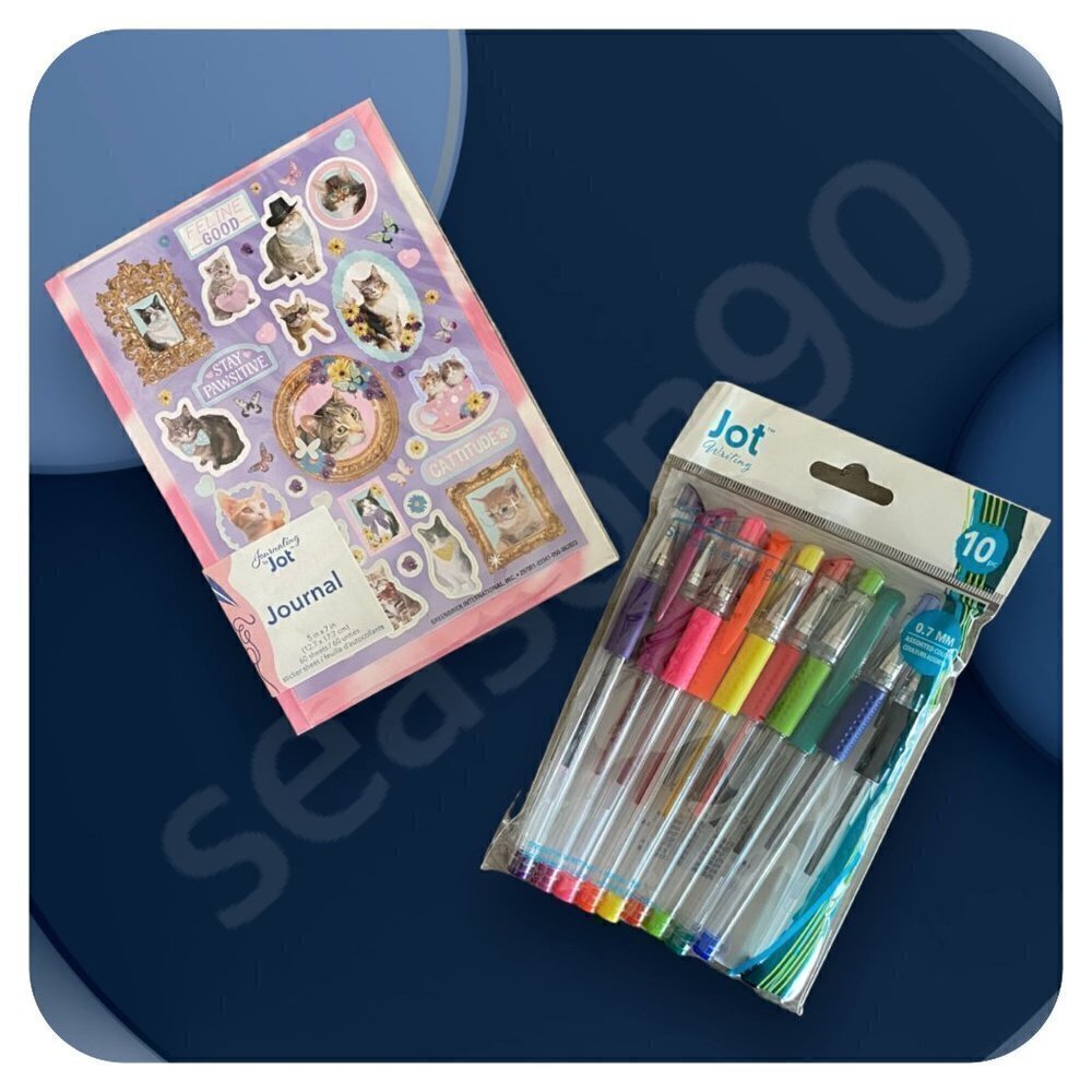 JOT 5x7 Journal w "Feline Good CATS" Sticker Pack / JOT 10-Pc Gel Pens SET